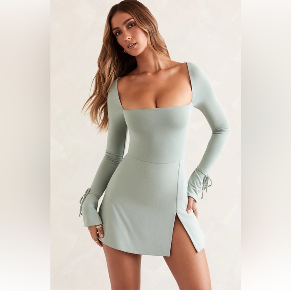 Oh Polly Dresses & Skirts - Square Neck Long Sleeve Mini Dress in Sage